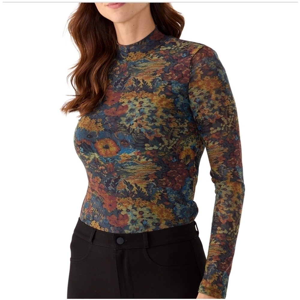 Jason Wu Women's Long Sleeve Knit Mesh Floral Printed Top Mock Neck Size Small